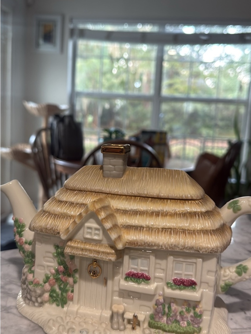Lenox White and Gold Ceramic Cottage Teapot with Pink and Green Floral Accents